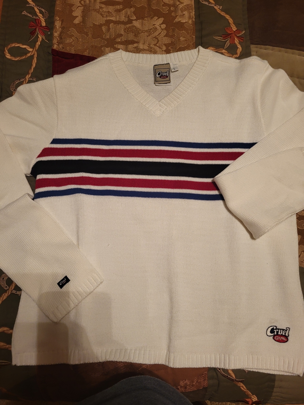 Vintage Retro 1990's Cruel Girl White V-Neck Sweater w/ Navy, Black Red Stripes